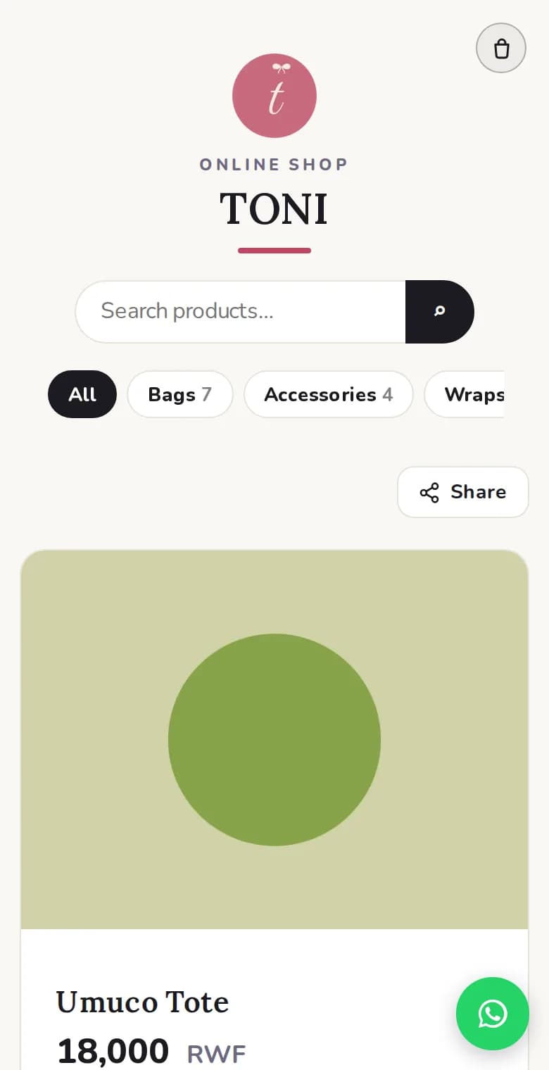 A Linki shop on a phone: the shop’s logo and name, a search box, category buttons for Bags, Accessories and Wraps, a Share button, and the first product with its picture and its price in RWF.