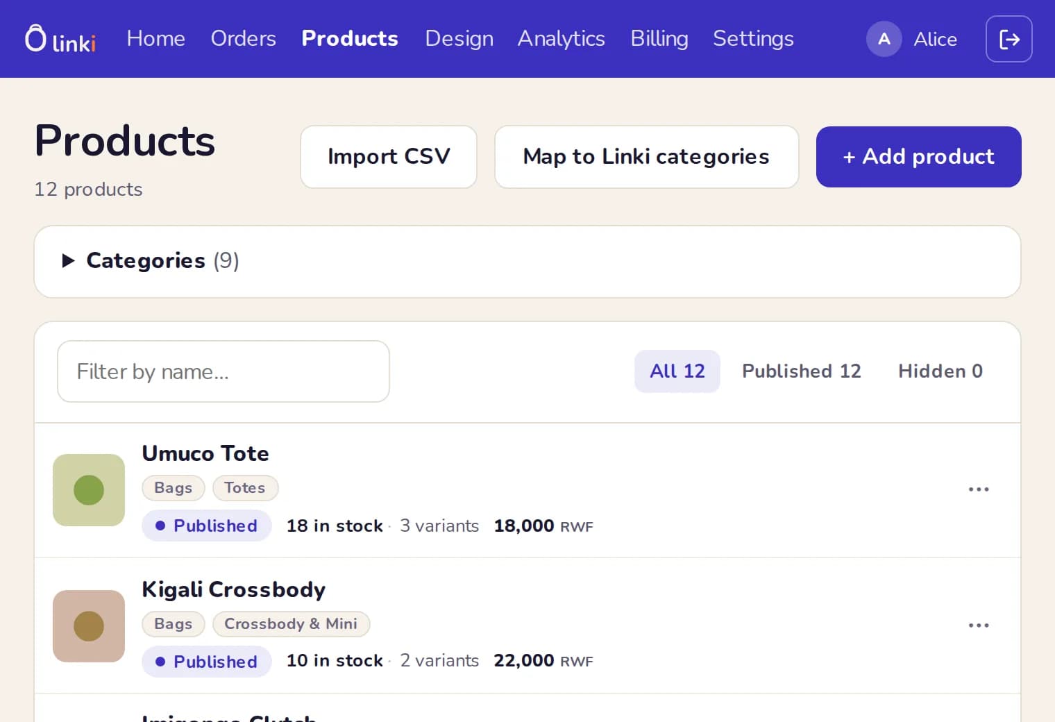 The product list in the seller’s dashboard: twelve products, each with its photo, its categories, whether it is published, how many are in stock, how many variants it has and its price.